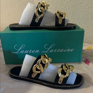 Lauren Larraine Black Sandals with Gold Chain